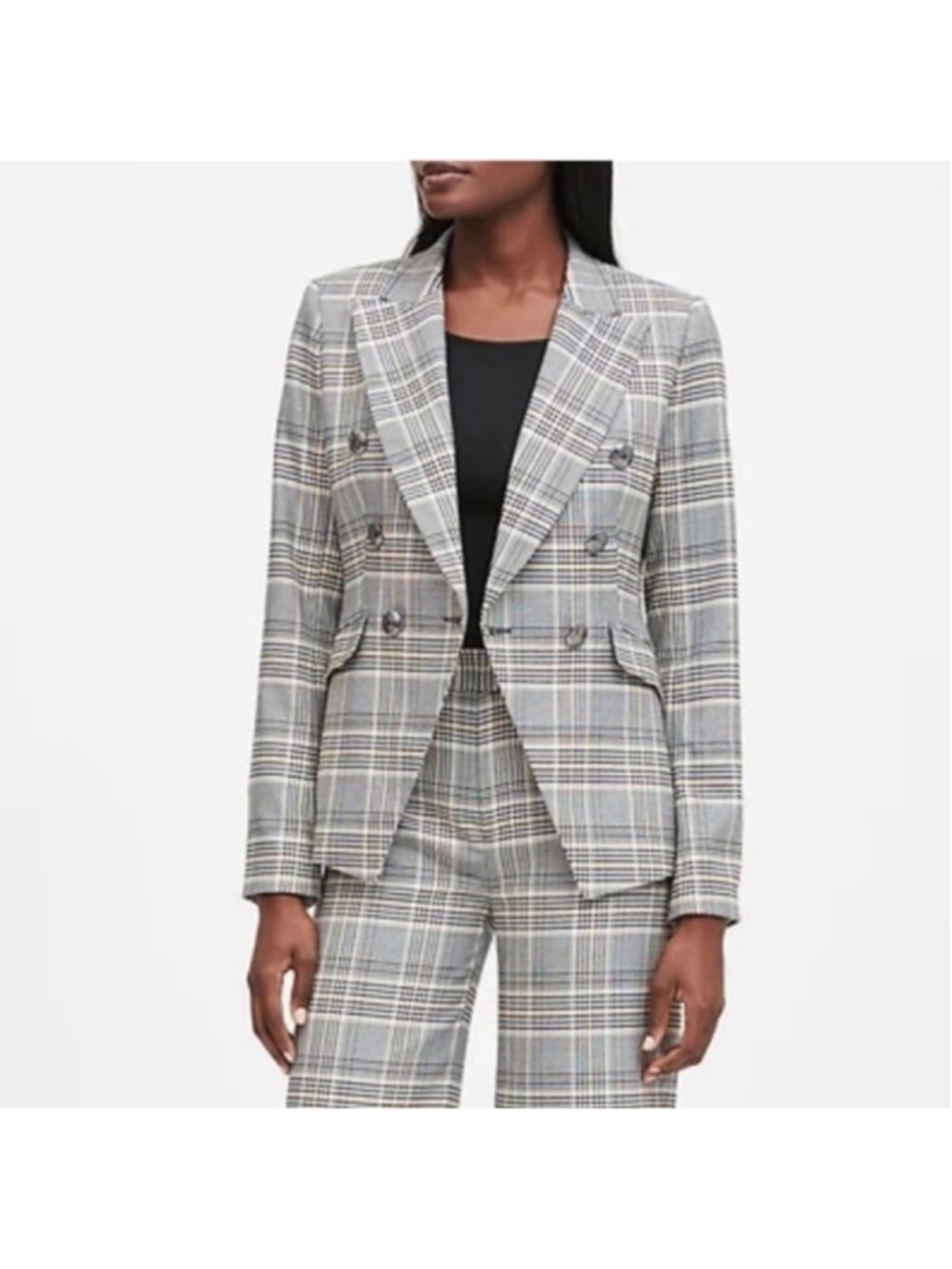 Women's Banana Republic Plaid Double-Breasted Blazer, Grey/Yellow, Size 8